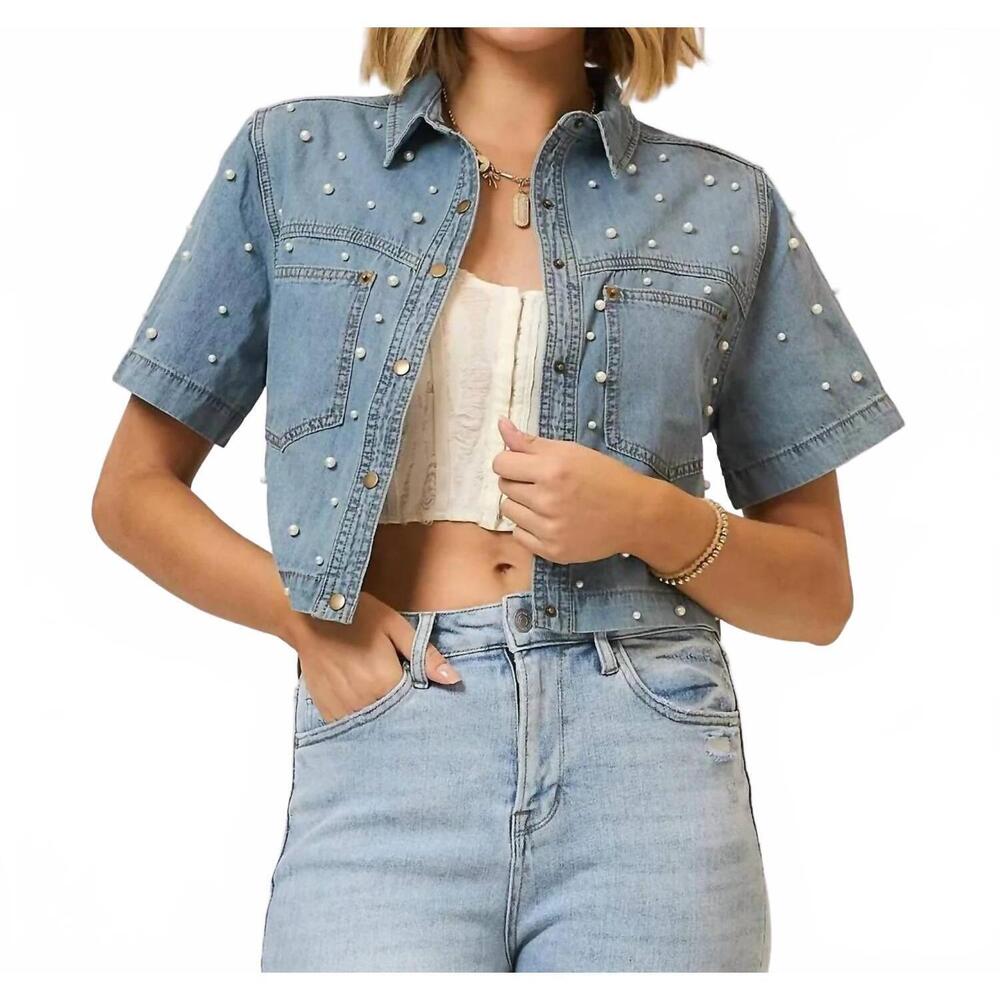NEW COZY CO. denim pearl studded jacket in blue